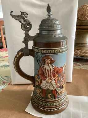 German Pre-WWII Beer Stein with Eagle Embellished Pewter Lid